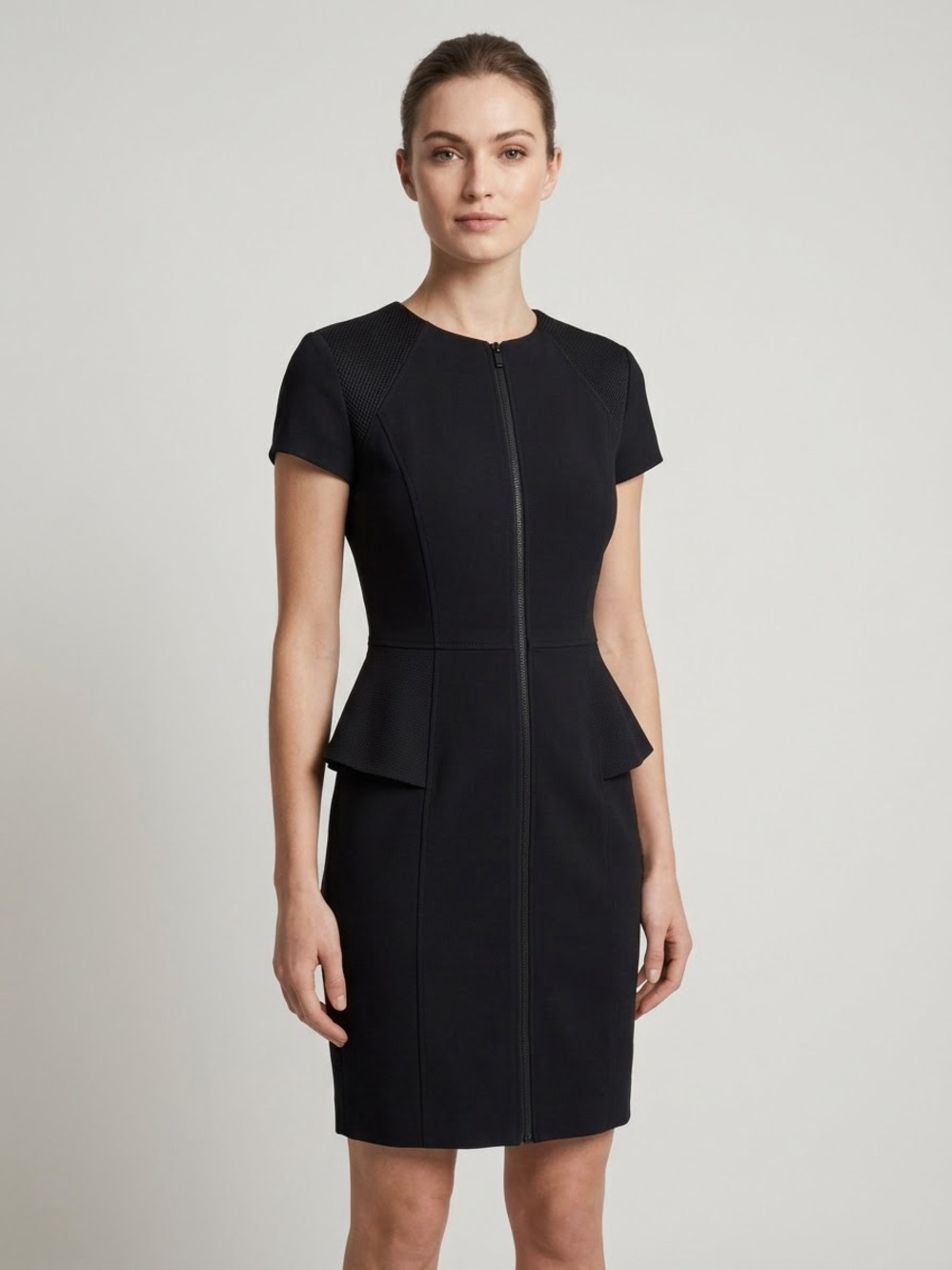 Theory Black Short-Sleeve Zip Peplum Mini Dress